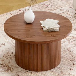 Round Coffee Table With Woodgrain Top And Tambour Shade Accents For Living Room