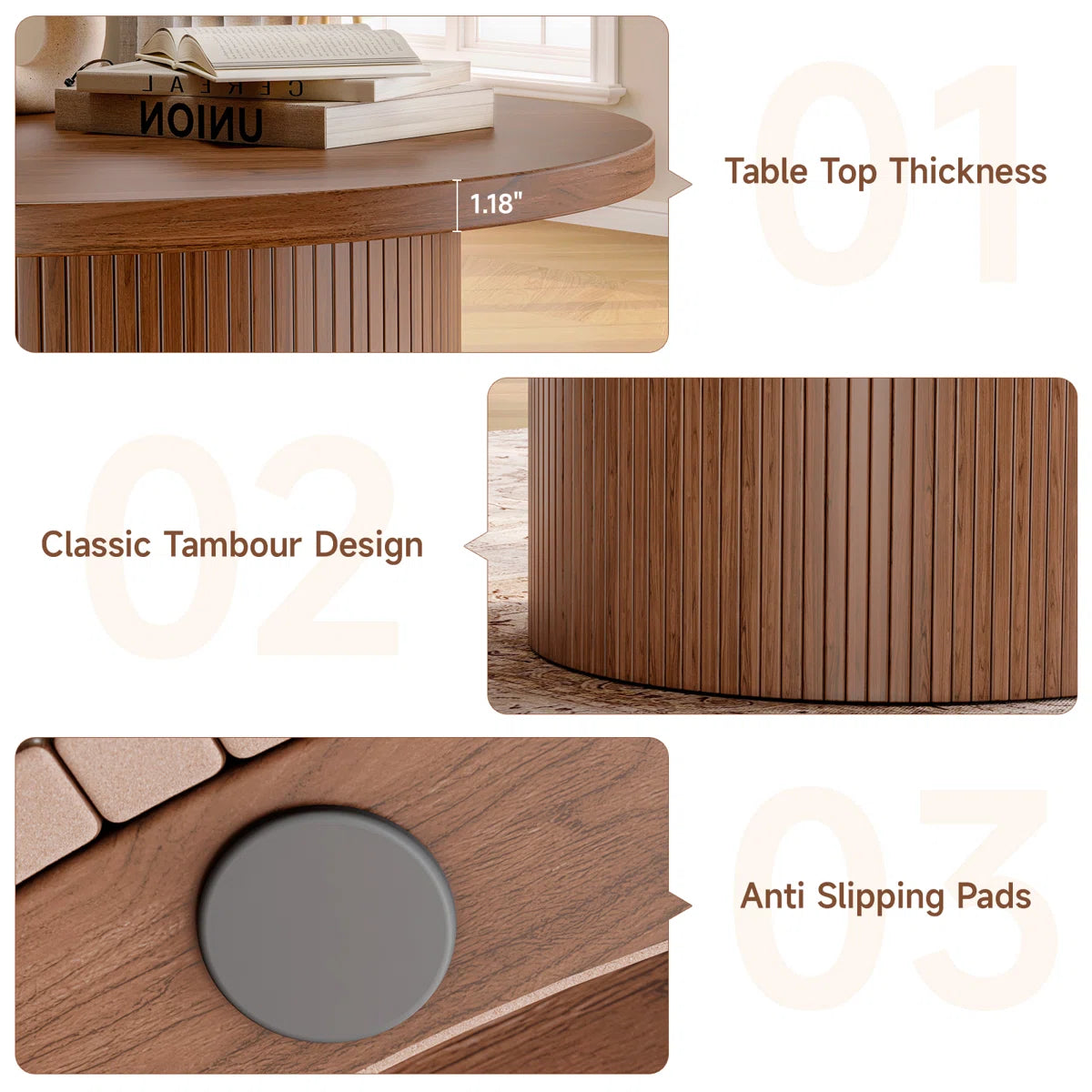 Round Coffee Table With Woodgrain Top And Tambour Shade Accents For Living Room