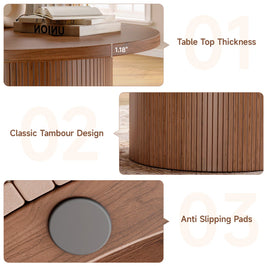 Round Coffee Table With Woodgrain Top And Tambour Shade Accents For Living Room