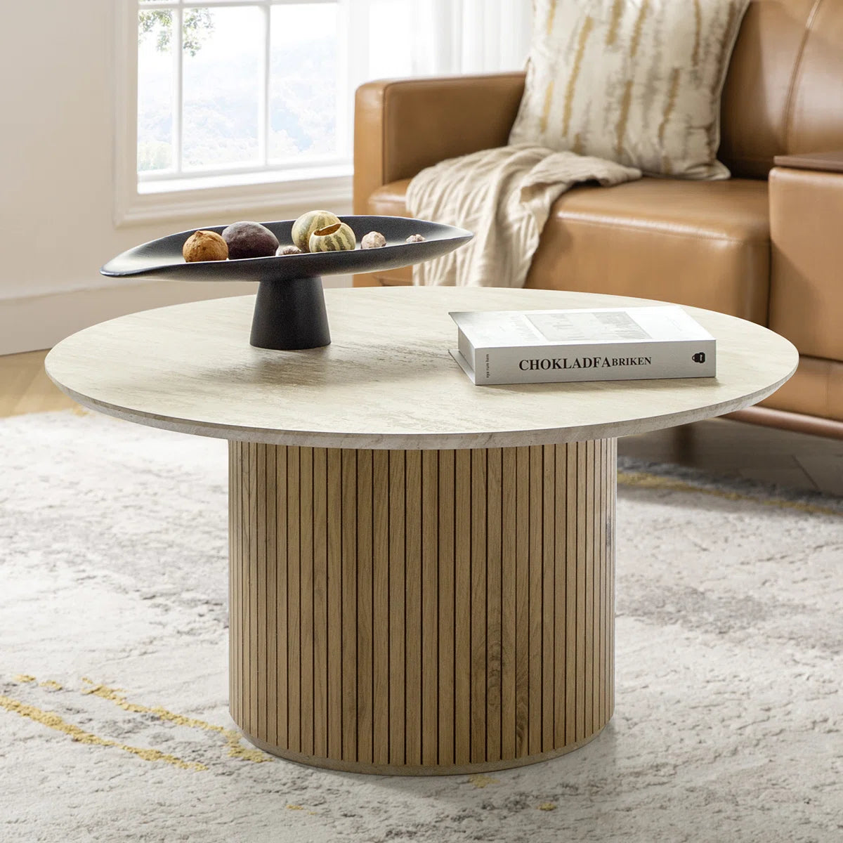 Marrina Modern Coffee Table With Vertical Fluted Wooden Base