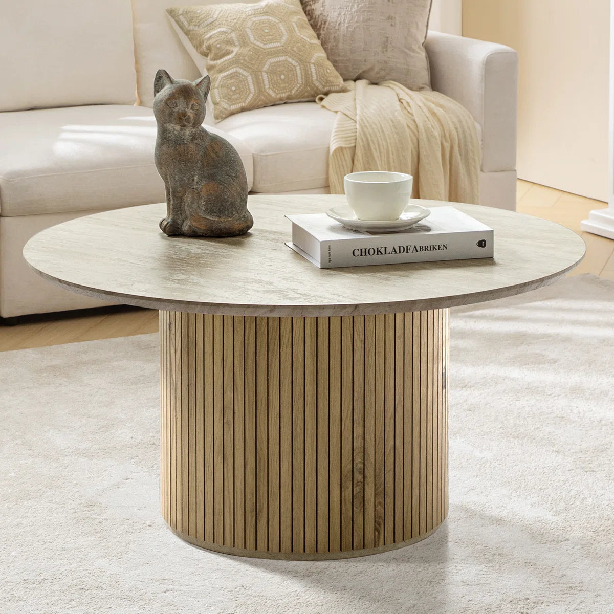 Marrina Modern Coffee Table With Vertical Fluted Wooden Base
