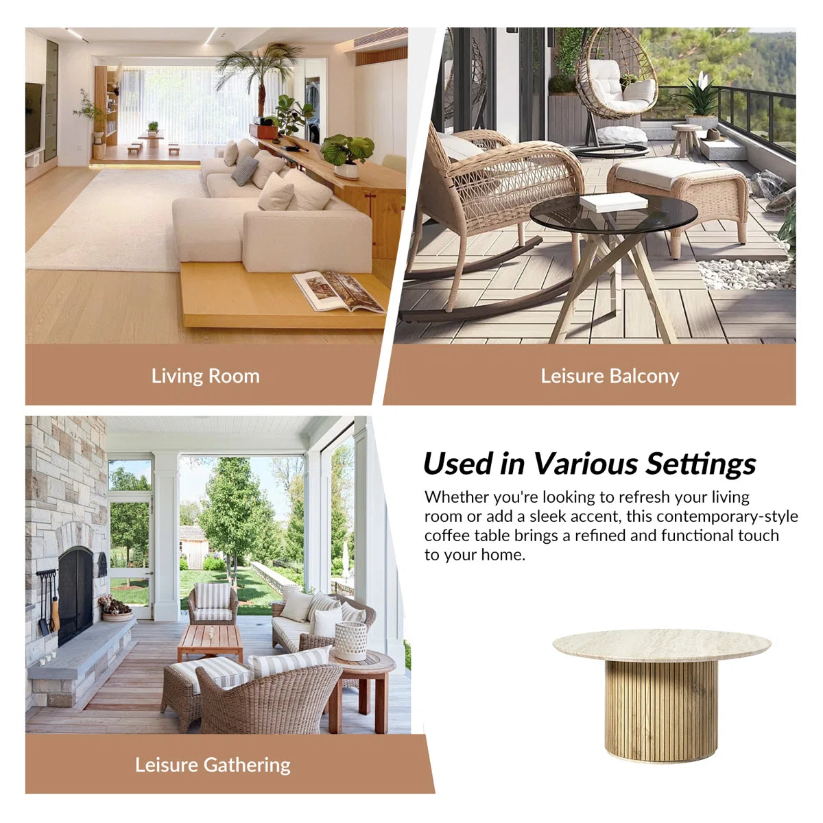 Marrina Modern Coffee Table With Vertical Fluted Wooden Base