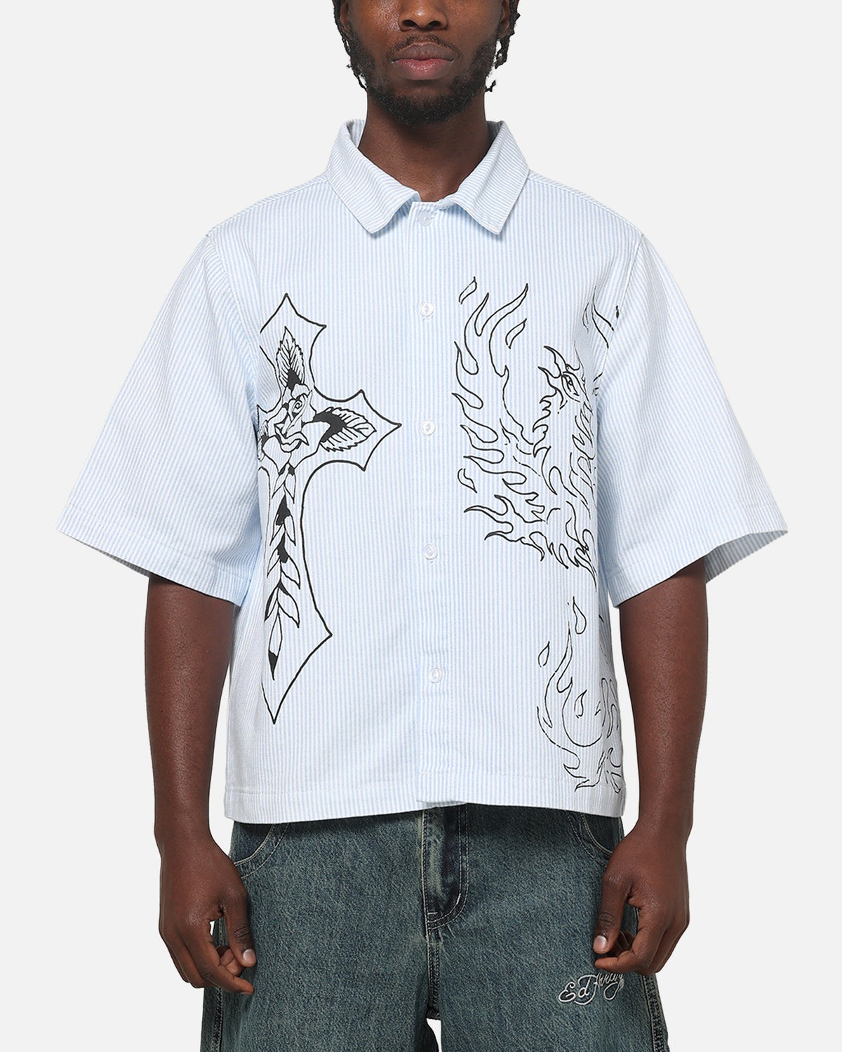 Ed Hardy Ghost Tattoo Button Up Shirt Blue Pinstripe - Scentleo