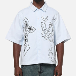 Ed Hardy Ghost Tattoo Button Up Shirt Blue Pinstripe - Scentleo