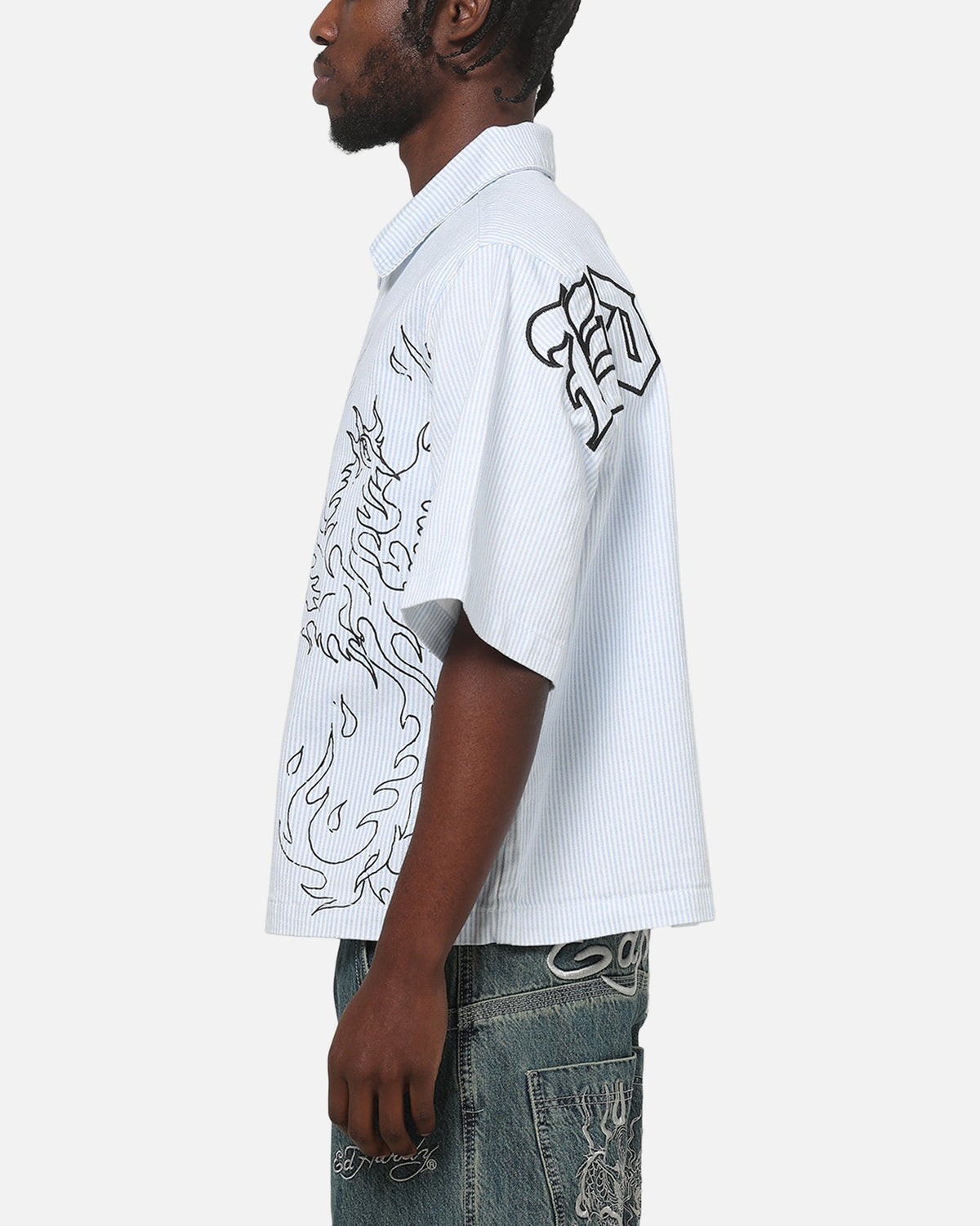 Ed Hardy Ghost Tattoo Button Up Shirt Blue Pinstripe - Scentleo