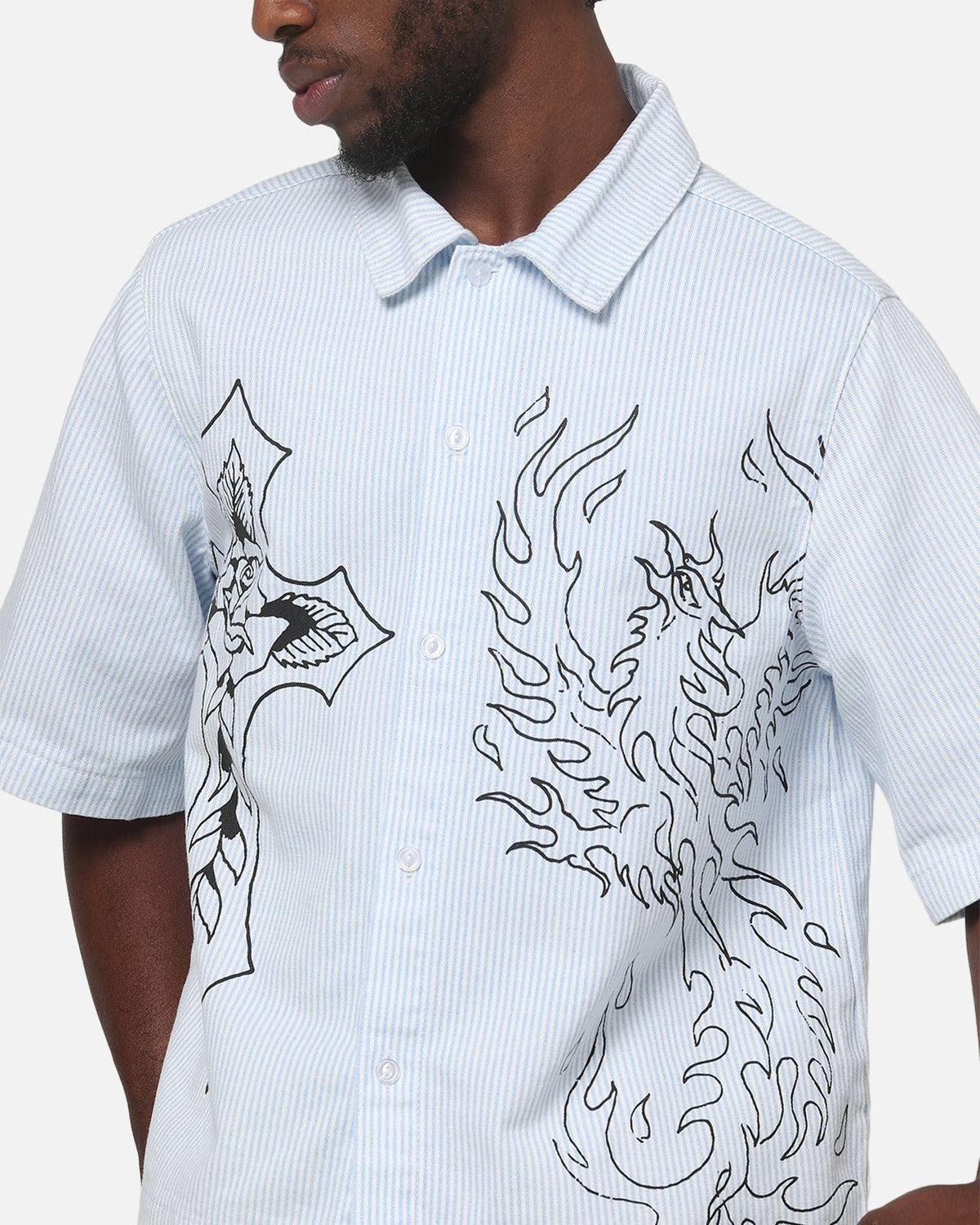 Ed Hardy Ghost Tattoo Button Up Shirt Blue Pinstripe - Scentleo