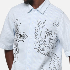 Ed Hardy Ghost Tattoo Button Up Shirt Blue Pinstripe - Scentleo
