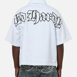 Ed Hardy Ghost Tattoo Button Up Shirt Blue Pinstripe - Scentleo