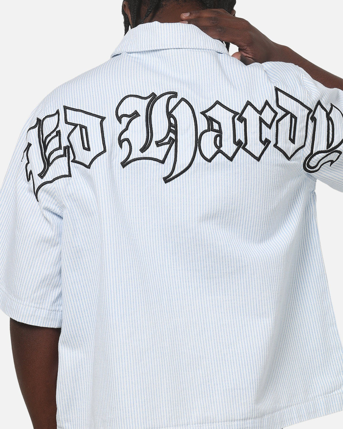 Ed Hardy Ghost Tattoo Button Up Shirt Blue Pinstripe - Scentleo