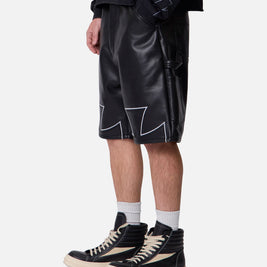 MNML Ultra Baggy Iron Cross Leather Shorts Black - Scentleo