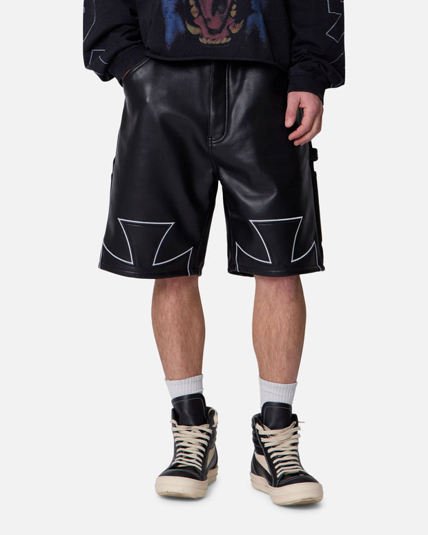 MNML Ultra Baggy Iron Cross Leather Shorts Black - Scentleo