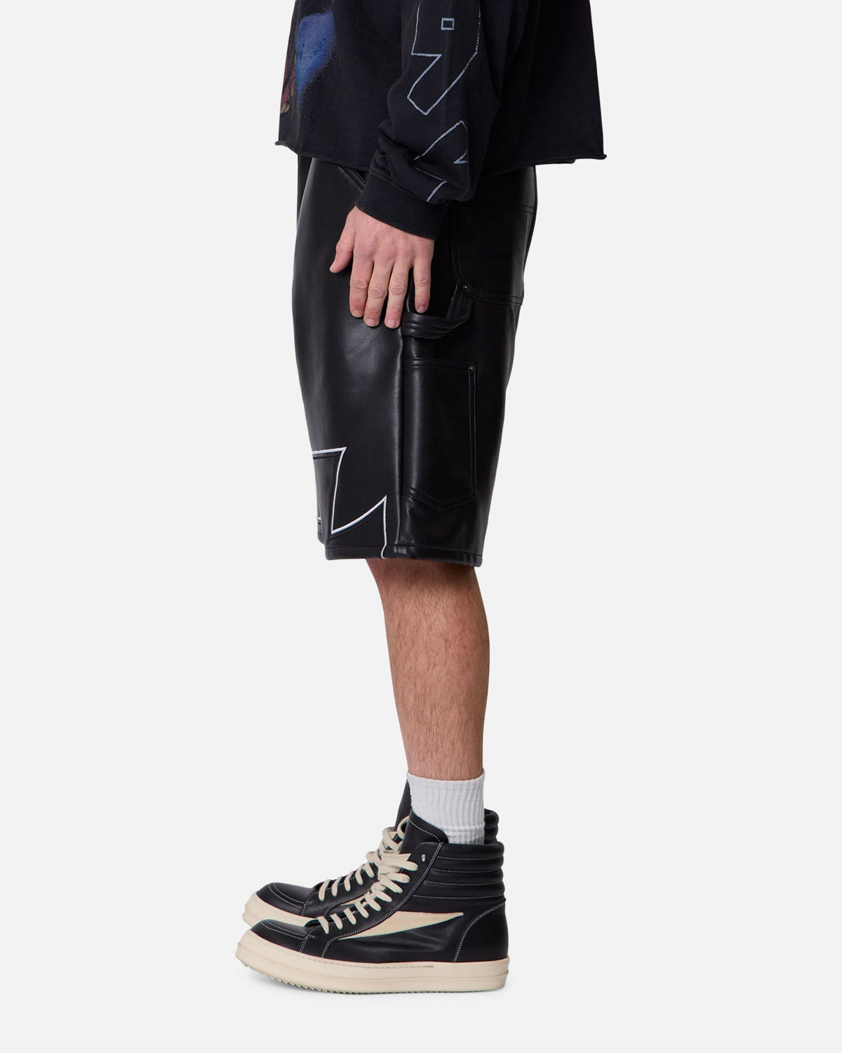MNML Ultra Baggy Iron Cross Leather Shorts Black - Scentleo
