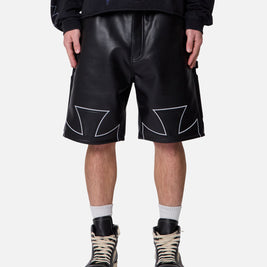 MNML Ultra Baggy Iron Cross Leather Shorts Black - Scentleo