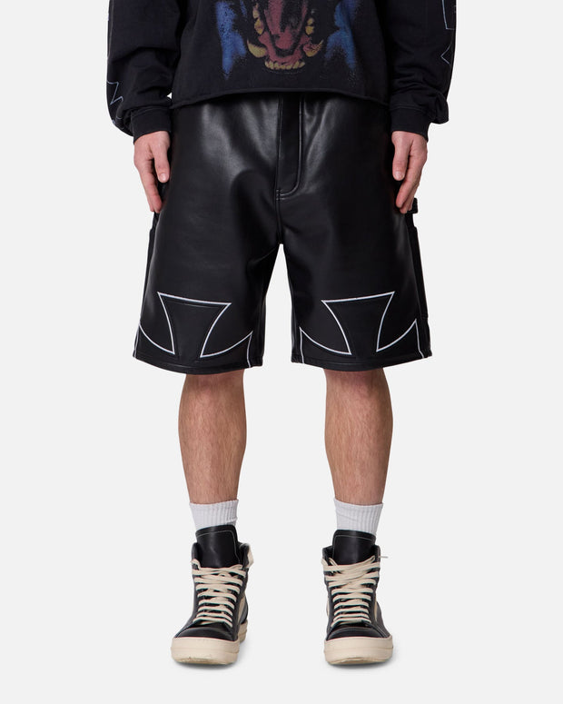 MNML Ultra Baggy Iron Cross Leather Shorts Black - Scentleo