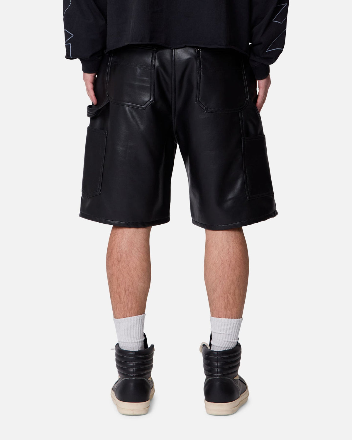 MNML Ultra Baggy Iron Cross Leather Shorts Black - Scentleo
