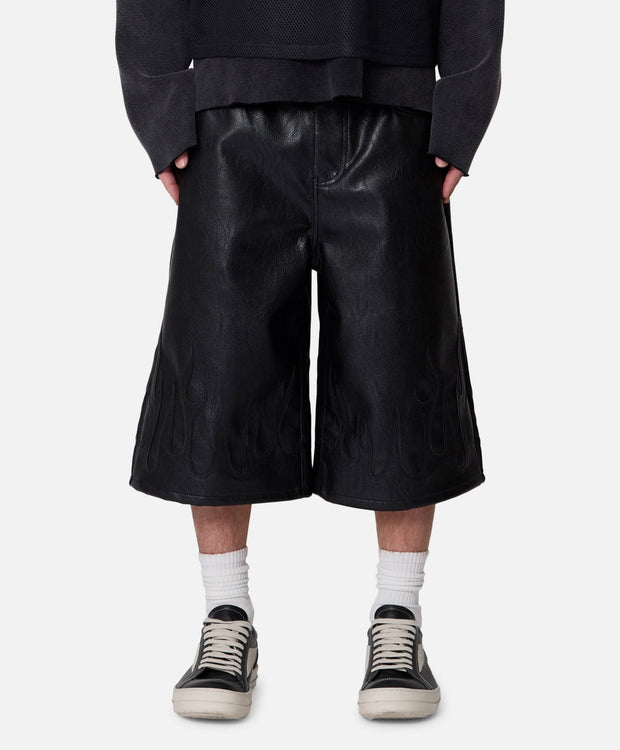 MNML Ultra Baggy Leather Flame Shorts Black - Scentleo