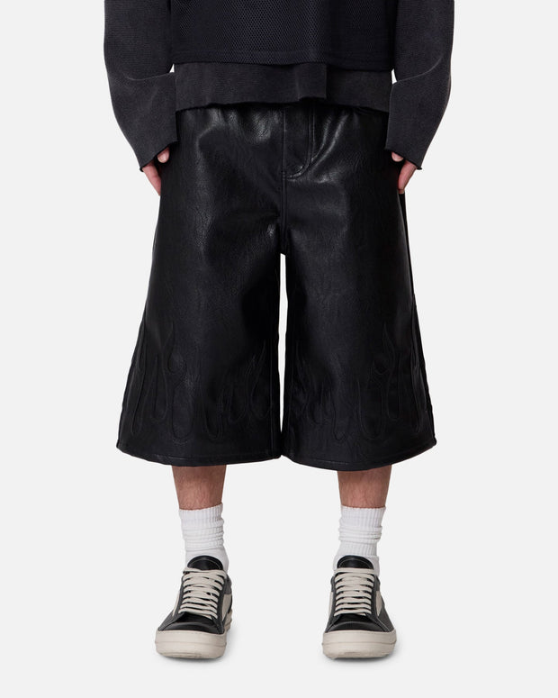 MNML Ultra Baggy Leather Flame Shorts Black - Scentleo