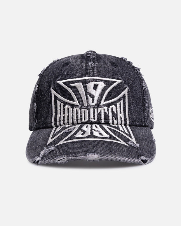 Von Dutch Cross Distressed Strapback Cap Washed Black - Scentleo